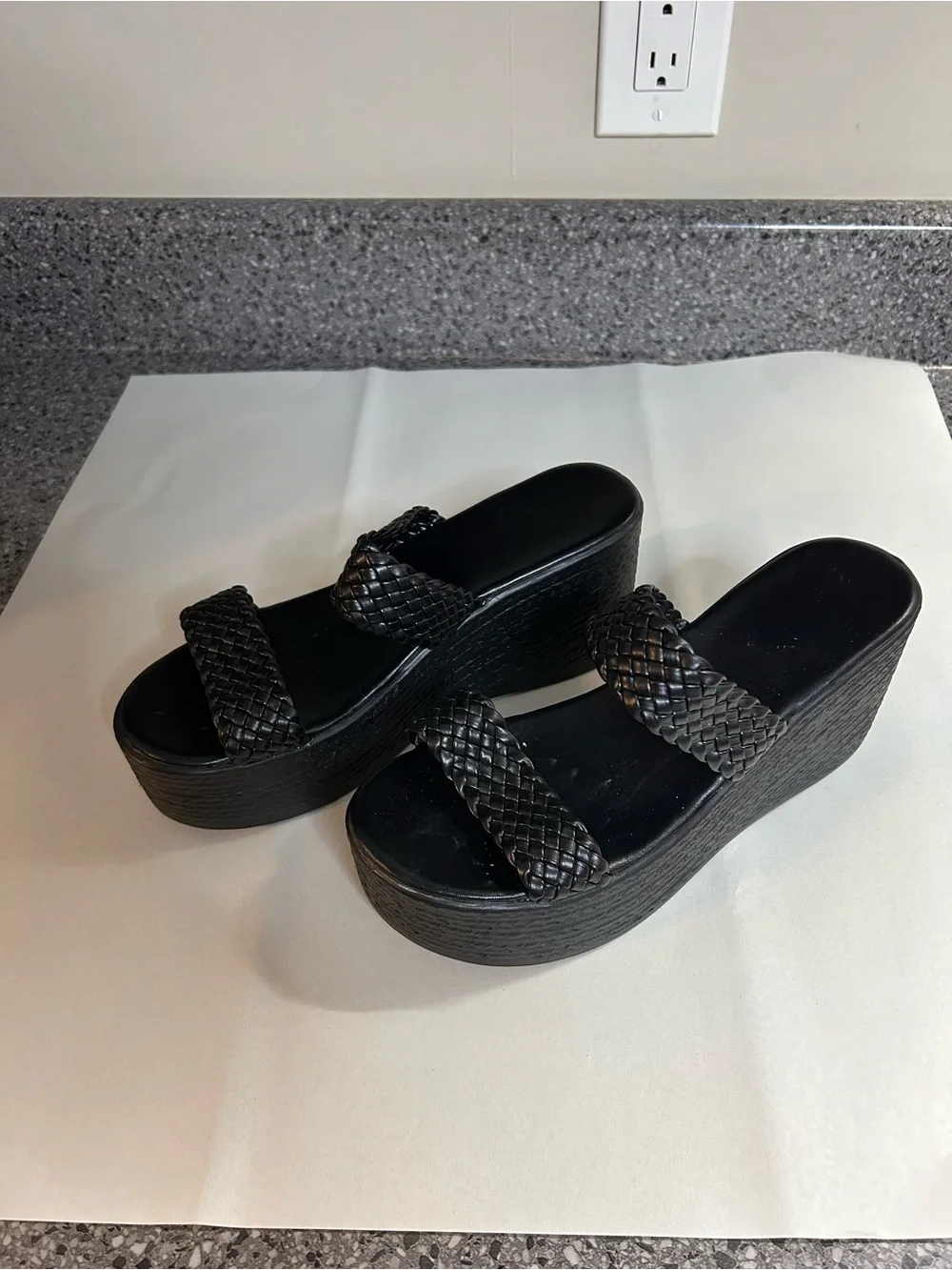 SHEIN Black Woven Double-Strap Platform Slides